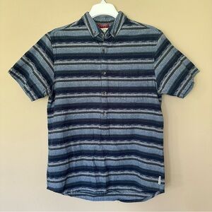 Iron & Resin Freedom Riders Striped Button Shirt Men L Short Sleeve Blue Popover